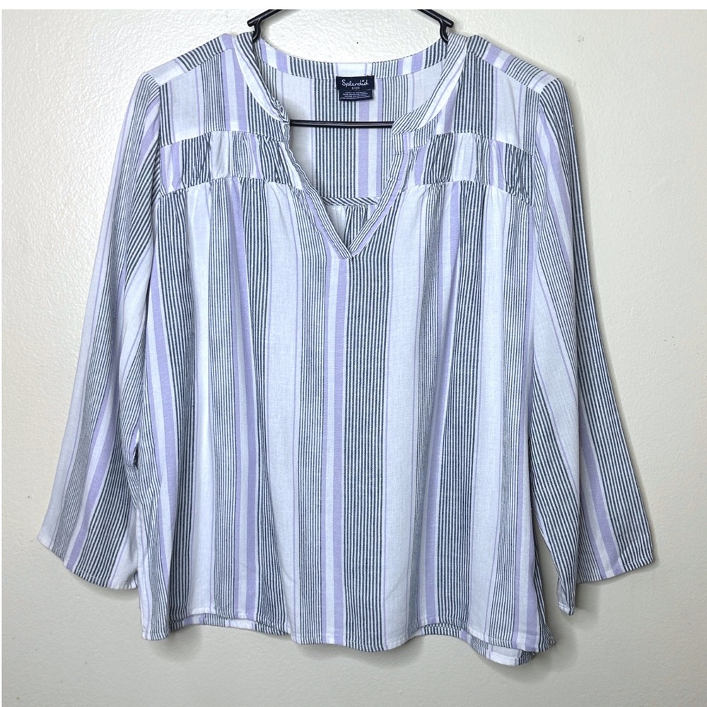 Splendid Top Blouse Purple Striped Rayon Linen Blend V-Neck size Small